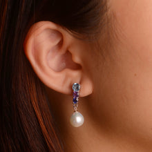 Load image into Gallery viewer, 9 mm. Freshwater Pearl, Topaz, Amethyst and Sapphire Drop Earrings