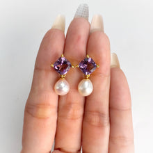 Load image into Gallery viewer, 7.5 x 8 mm. Freshwater Pearl and Amethyst Earrings