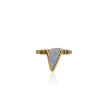 Load image into Gallery viewer, Handmade 6.5 x 12.5 mm. Freeform Multi-coloured Lightning Ridge Australian Opal with Sapphire Accents Ring