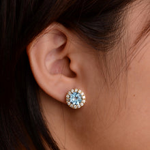 Load image into Gallery viewer, 8 mm. Round Cut Swiss Blue Brazilian Topaz with Cz Halo Earrings