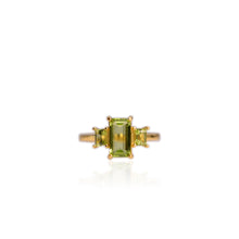 Load image into Gallery viewer, 5 x 8 mm. Octagon Cut Green Pakistani Peridot Trilogy Ring