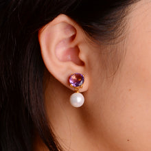 Load image into Gallery viewer, 9 mm. Freshwater Pearl and Amethyst Two-way Drop Earrings