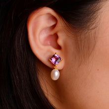 Load image into Gallery viewer, 9 x 10 mm. Freshwater Pearl and Amethyst Earrings