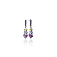 Load image into Gallery viewer, 8 mm. Heart Cut Purple Brazilian Amethyst, Peridot and Topaz Drop Earrings