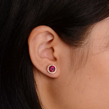 Load image into Gallery viewer, 6 mm. Round Cut Purple African Rhodolite Garnet with Cz Halo Earrings