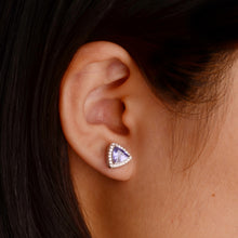Load image into Gallery viewer, 6 mm. Trillion Cut Blue Violet Tanzanite with Cz Halo Earrings