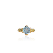 Load image into Gallery viewer, Handmade 9 mm. Carved Star Hexagon Cut Swiss Blue Brazilian Topaz with Peridot Accents Ring