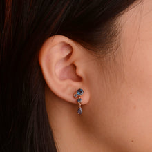 Load image into Gallery viewer, 5 mm. Round Cut London Blue Brazilian Topaz and Sapphire Drop Earrings