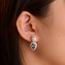 Load image into Gallery viewer, 6 x 9 mm. Pear Cut London Blue and White Brazilian Topaz with Cz Halo Drop Earrings