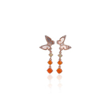 Load image into Gallery viewer, 4 mm. Round Cut Orange Ethiopian Opal, Mother of Pearl with Cz Accents Butterfly Drop Earrings