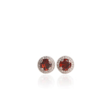 Load image into Gallery viewer, 6 mm. Round Cut Red Mozambican Garnet with Cz Halo Earrings