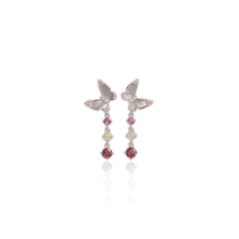 Load image into Gallery viewer, 5 mm. Round Cut Purple African Rhodolite Garnet, Mother of Pearl, Opal with Cz Accents Butterfly Drop Earrings