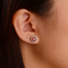 Load image into Gallery viewer, 6 mm. Round Cut Red Mozambican Garnet with Cz Halo Earrings