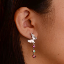 Load image into Gallery viewer, 5 mm. Round Cut Purple African Rhodolite Garnet, Mother of Pearl, Opal with Cz Accents Butterfly Drop Earrings