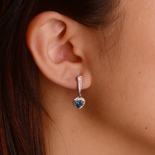 Load image into Gallery viewer, 5 mm. Heart Cut London Blue Brazilian Topaz with Cz Halo Drop Earrings