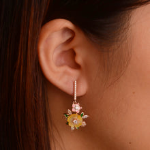 Load image into Gallery viewer, 10 mm. Carved Flower Yellow Mother of Pearl with Cz Accents Drop Earrings