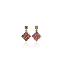 Load image into Gallery viewer, 3 mm. Round Cut Red Thai Ruby with Sapphire Accents Cluster Drop Earrings