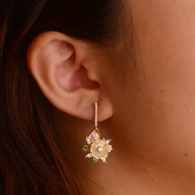 Load image into Gallery viewer, 10 mm. Carved Yellow Mother of Pearl with Cz Accents Drop Earrings