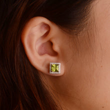 Load image into Gallery viewer, 6 mm. Square Cut Green Pakistani Peridot with Cz Halo Earrings