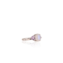 Load image into Gallery viewer, 7 x 9 mm. Oval Cabochon White Indian Moonstone and Amethyst Trilogy Ring