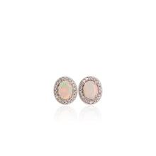 Load image into Gallery viewer, 5 x 7 mm. Oval Cut Multi-coloured Ethiopian Opal with Cz Halo Earrings