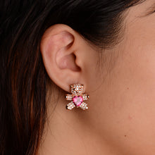 Load image into Gallery viewer, 8 mm. Heart Cut Pink Brazilian Mystic Topaz with Cz Accents Bear Earrings