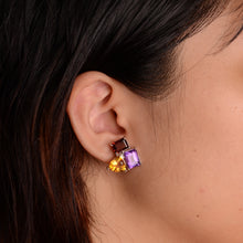 Load image into Gallery viewer, 7 x 9 mm. Octagon Cut Purple Brazilian Amethyst, Garnet and Citrine Cluster Earrings