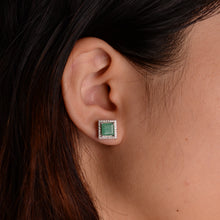 Load image into Gallery viewer, 6 mm. Square Cut Green Brazilian Emerald with Cz Halo Earrings