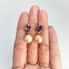 Load image into Gallery viewer, 9 x 10 mm. Freshwater Pearl and Amethyst Earrings