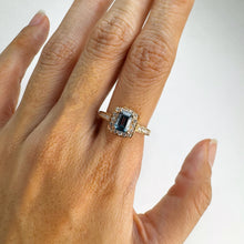 Load image into Gallery viewer, 5 x 7 mm. Octagon Cut London Blue Brazilian Topaz with Cz Halo Ring
