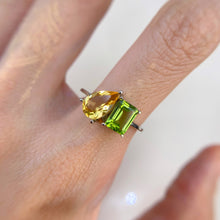Load image into Gallery viewer, 6 x 9 mm. Pear Cut Yellow Brazilian Citrine and Peridot Ring