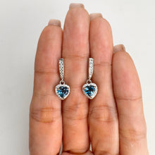 Load image into Gallery viewer, 5 mm. Heart Cut London Blue Brazilian Topaz with Cz Halo Drop Earrings
