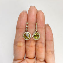 Load image into Gallery viewer, 7 mm. Round Cut Green Pakistani Peridot with Sapphire Accents Drop Earrings