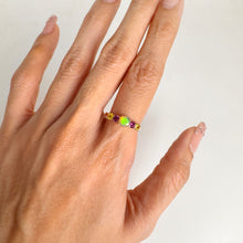 Load image into Gallery viewer, 5 mm. Round Cut Multi-coloured Ethiopian Opal, Rhodolite Garnet and Sapphire Cluster Ring