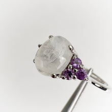 Load image into Gallery viewer, 7 x 9 mm. Oval Cabochon White Indian Moonstone with Amethyst Accents Ring (Blemished)