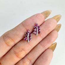 Load image into Gallery viewer, 3 mm. Round Cut Purple African Rhodolite Garnet Cluster Leaf Earrings