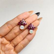 Load image into Gallery viewer, 7 mm. Round Cut Multi-coloured Ethiopian Opal and Rhodolite Garnet Cluster Earrings