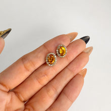 Load image into Gallery viewer, 5 x 7 mm. Oval Cut Yellow Brazilian Citrine with Sapphire Halo Earrings