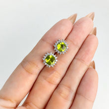 Load image into Gallery viewer, 6 mm. Cushion Cut Green Pakistani Peridot with Cz Accents Earrings