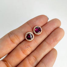 Load image into Gallery viewer, 6 mm. Round Cut Purple African Rhodolite Garnet with Cz Halo Earrings