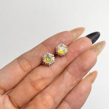 Load image into Gallery viewer, 6 mm. Hexagon Cut Multi-coloured Ethiopian Opal with Cz Accents Earrings