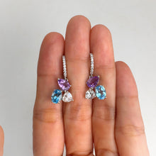 Load image into Gallery viewer, 5 x 7 mm. Pear Cut Purple Brazilian Amethyst and Topaz with Cz Accents Cluster Drop Earrings