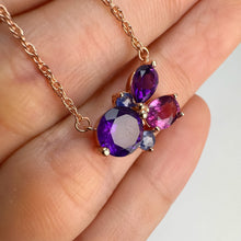 Load image into Gallery viewer, 7 mm. Round Cut Purple Brazilian Amethyst, Sapphire and Rhodolite Garnet Cluster Necklace