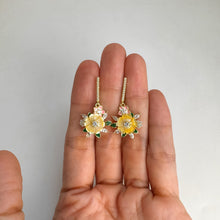 Load image into Gallery viewer, 10 mm. Carved Yellow Mother of Pearl with Cz Accents Drop Earrings