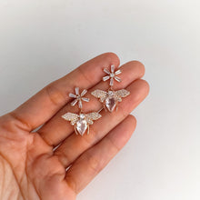 Load image into Gallery viewer, 6 x 9 mm. Pear Cut Very Light Pink African Rose Quartz with Cz Accents Drop Bee Earrings