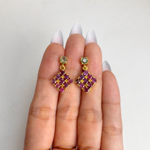 Load image into Gallery viewer, 3 mm. Round Cut Red Thai Ruby with Sapphire Accents Cluster Drop Earrings