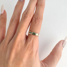 Load image into Gallery viewer, Handmade 3 x 4 mm. Baguette Cut Green Colombian Emerald and Sapphire Trilogy Ring