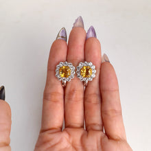 Load image into Gallery viewer, 8 mm. Cushion Cut Yellow Brazilian Citrine with Topaz Halo Earrings