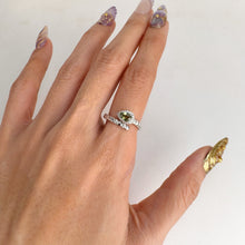 Load image into Gallery viewer, 4 x 6 mm. Pear Cut Green Thai Sapphire with Cz Halo Open Ring