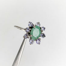 Load image into Gallery viewer, 5 x 7 mm. Oval Cut Green Brazilian Emerald and Tanzanite Cluster Ring (Blemished)